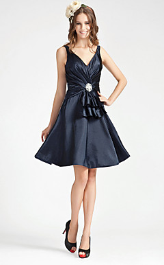 A-line V-neck Knee-length Stretch Satin Bridesmaid Dress