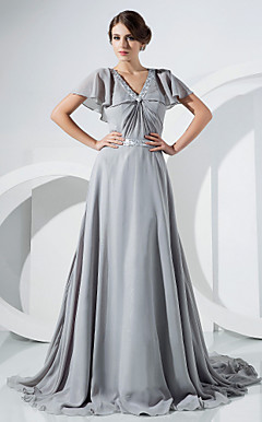 A-line V-neck Sweep/Brush Train Chiffon Evening Dress