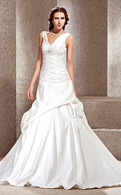 A-line V-neck Chapel Train Satin Wedding Dress