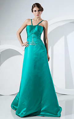 A-line Spaghetti Straps Sweep/ Brush Train Satin Evening Dress