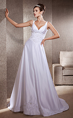 A-line Appliques Deep V-neck Chapel Train Satin Wedding Dress