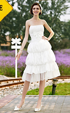 A-line Strapless Knee-length Taffeta Lace Tiered Wedding Dress