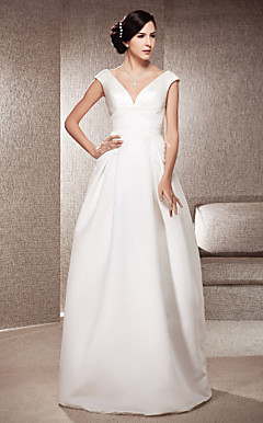 A-line V-neck Floor-length Satin Wedding Dress