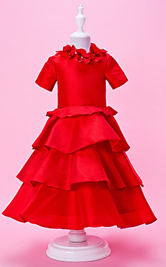 A-line High Neck Tea-length Taffeta Flower Girl Dress With Short Sleeves