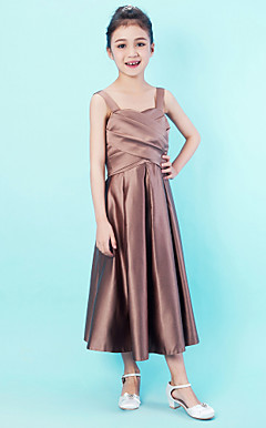 A-line Tea-length Satin Junior Bridesmaid Dress With Straps