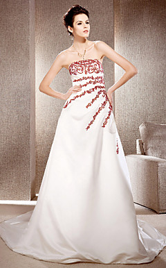 A-line Strapless Chapel Train Satin And Lace Wedding Dress