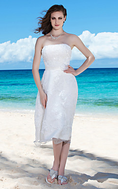 Sheath/Column Strapless Tea-length Wedding Dress with Beaded Appliques