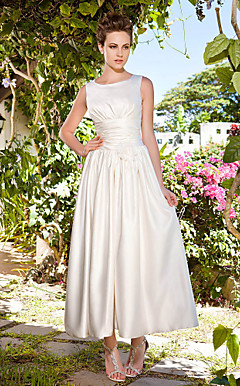 A-line Scoop Ankle-length Satin Wedding Dress