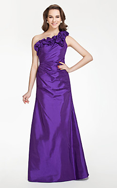 A-line One shoulder Floor-length Taffeta Bridesmaid Dress With Flower(s)
