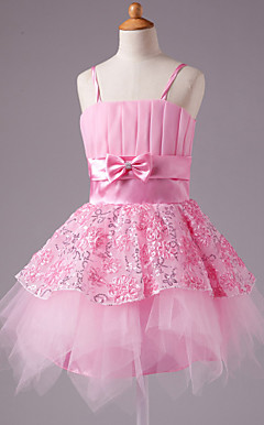 A-line Spaghetti Straps Knee-length Satin Bow Sleeveless Flower Girl Dress