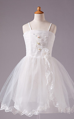 Ball Gown Spaghetti Straps Knee-length Satin Tull Sleeveless Flower Girl Dress
