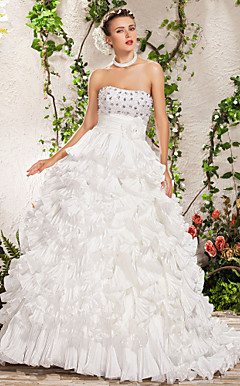 Ball Gown Strapless Chapel Train Crystal Flower(s) Beading Cascading Ruffles Sashes/Ribbons Wedding Dress