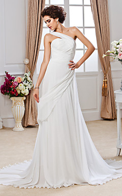 Sheath/ Column One Shoulder Court Train Chiffon Wedding Dress