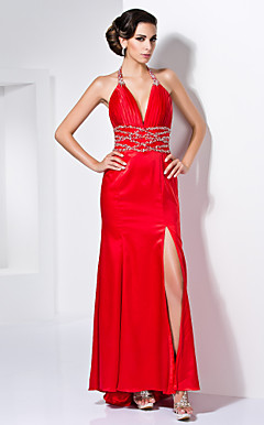 Trumpet/Mermaid V-neck Halter Floor-length Satin Evening Dress