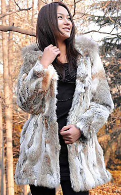 Elegant langermet Hooded Raccoon Collar Evening Rabbit Fur Coat