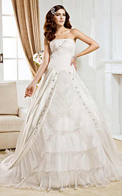Ball Gown Strapless Chapel Train Satin And Organza Wedding Dress