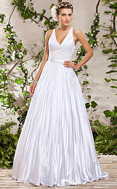 A-line  V-neck Floor-length Stretch Satin  Wedding Dress