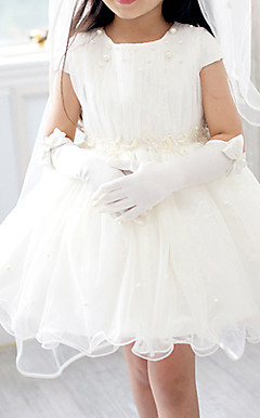 A-line Short Sleeve Mini length Tulle & Chiffon Flower Girl Dress With Pearls