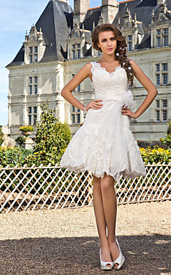 A-line V-neck Knee-length  Lace Wedding Dress