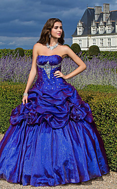 baljurk strapless vloer-lengte organza prom / avond jurk met bloemen en pick-up rok