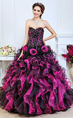 Ball Gown Sweetheart Floor-length Organza And Sequined Evening Dress With Beading And Cascading Ruffles