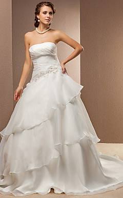 A-line Princess Strapless Organza And Satin Chapel Train Wedding Dress