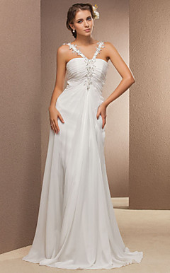 vaina / v-cuello piso-longitud del vestido de boda de la gasa de la columna