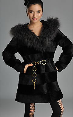 Longue fourrure de raton laveur fourrure capuche manches Lapin Collar Casual / Parti Manteau
