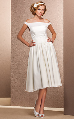 A-line Off-the-shoulder Tea-length Chiffon Wedding Dress