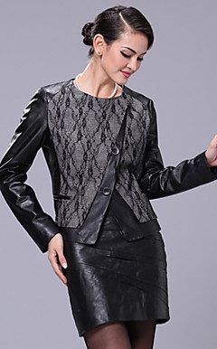 Long Sleeve Collarless Lambskin Leather Casual/Office Jacket