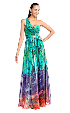 A-line/Princess One-shoulder Floor-length Printed Chiffon Evening Dress