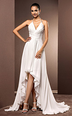Sheath/Column V-neck Asymmetrical Organza Wedding Dress