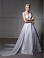  A-line V-neck Taffeta Lace Court Train Wedding Dress