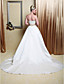  A-line Strapless Chapel Train Satin Wedding Dress with Ribbon