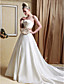  A-line Strapless Chapel Train Satin Wedding Dress with Ribbon
