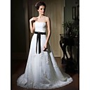 A-line Sweetheart Sweep/ Brush Train Satin Organza Wedding Dress