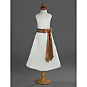 A-line Jewel Neckline Tea-length Satin Flower Girl Dress