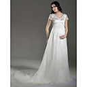 Empire V-neck Court Train Satin Organza Maternity Wedding Dress (WSM0220)