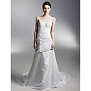 A-line Off-the-shoulder Court Train Taffeta Side-draped Wedding Dress