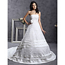 A-line Strapless Chapel Train Satin Tiered Wedding Dress With Beaded Appliques