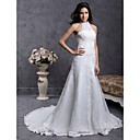 A-line High Neck Court Train Organza Over Satin Wedding Dress