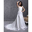 A-line Straps Court Train Organza Wedding Dress with Beaded Applique