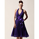 A-line Halter V-neck Knee-length Chiffon Matte Satin Bridesmaid/ Wedding Party Dress