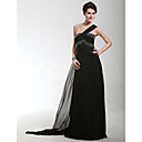 Sheath/ Column One Shoulder Sweep/Brush Train Satin Chiffon Evening Dress