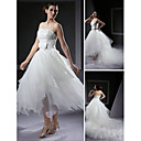 Ball Gown Strapless Asymmetrical Organza Wedding Dress With Removable Cathedral Train