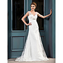 A-line V-neck Court Train Lace Satin Wedding Dress