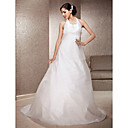 A-line Halter Sweep/Brush Train Taffeta And Tulle Wedding Dress