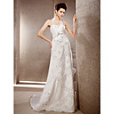 Sheath/Column Halter Neck Tulle And Lace Wedding Dress With Court Train