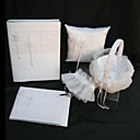 colección de la boda elegante en satén blanco (álbum de fotos, cojín, cesta de flores, libro de visitas, musgo)