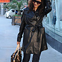 Long Sleeve Turndown Collar Evening/ Office PU Coat With Pockets/ Belt